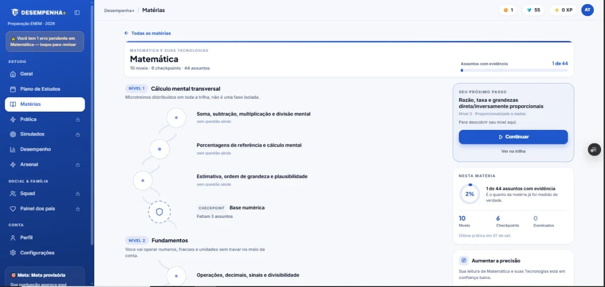 Tela de perfil da DESEMPENHA+ com nível, XP acumulado, ofensiva e conquistas do aluno.